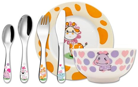 Exzact Juego De 6 Piezas De Cubiertos/Cubiertos De Mesa para Niños De Acero Inoxidable– 1x Tazón, 1x Plato, 1x Cena Cuchillo, 1x Cena Tenedor, 1x Cena Cuchara, 1x Cuchara pequeña - Animales bonitos