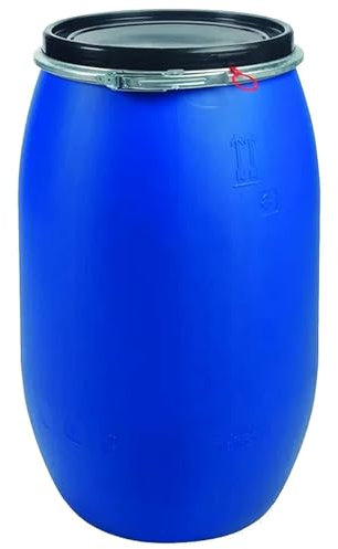 STORM TRADING GROUP Extra Large 220 Litre Plastic Blue Open Top Storage Barrel Drum Keg with Lid and Latch Ring, UN Approved, Grade for Shipping, Air Tight