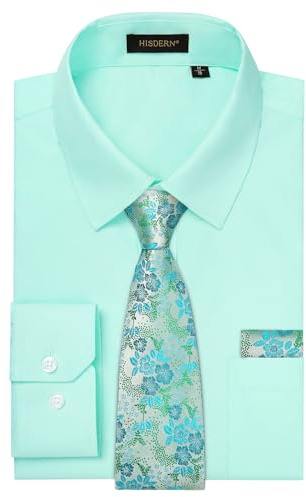 HISDERN Dress Shirts for Men Min Green Mens Shirt and Tie Handkerchief Set Classic Formal Long Sleeve Shirts Matching Floral Ties for Wedding Party