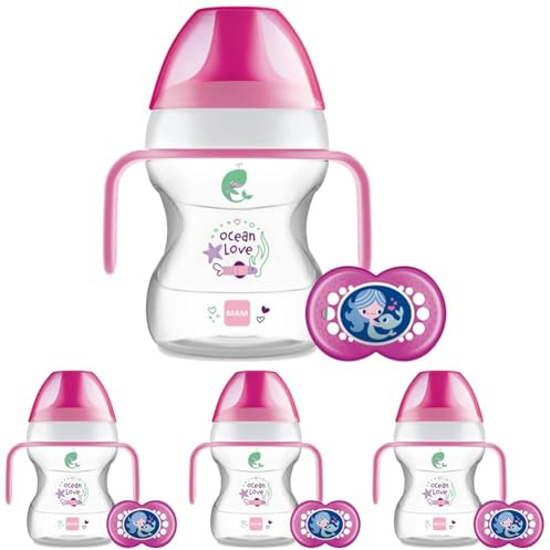 MAM Learn to Drink Cup, Bottle Handles and Soother, 6+ Months Baby Cup with Removable Handles, Baby Feeding Accessories, 190 ml, Pink (Designs May Vary) (Pack of 4)