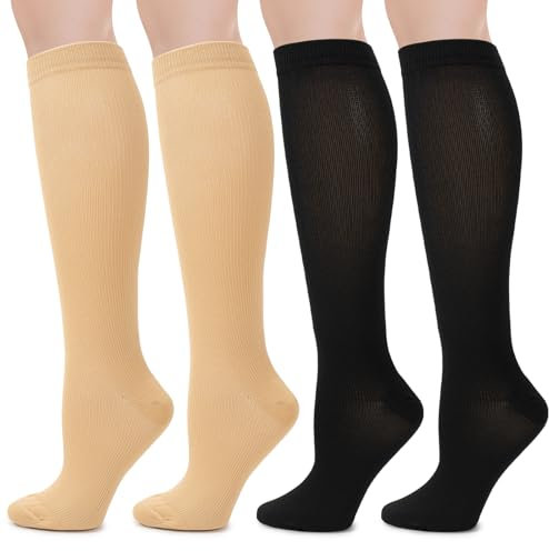 2 Pairs Compression Socks for Women Men, Flight Compression Stocking Socks, knee-high support socks Varicose Veins Socks Pressure Socks Travel Socks for Women Pregnancy (Black+Khaki, S/M)