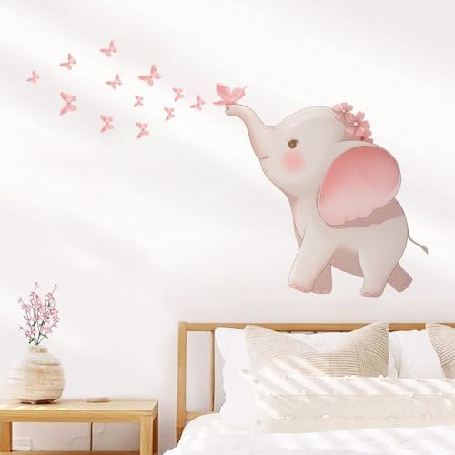 FUFUQUARE Rosa baby elefant blåser fjärilar väggklistermärken tecknad skala och klistra väggkonst dekaler för barn flickor sovrum lekrum vardagsrum