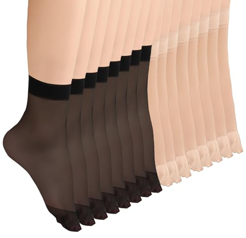 YOCHLEY 16 Pairs Women's Ankle Sheer Socks, Nylon Pop Socks Transparent Ankle Socks, Breathable Thin Sock Reinforced Toes Tight Socks, Short Dress Stockings Silk Socks for Women (8Black + 8Nude)