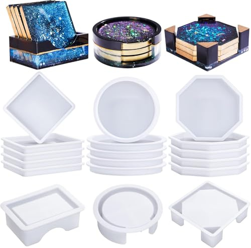 18 pezzi Coaster Resina Stampi Silicone Coaster Stampi Coaster Stampi con Rotondo Quadrato Ottagono Forma Supporto Stampi per Resina Epossidica, Set di Stampi per Coaster Fai da Te Arte