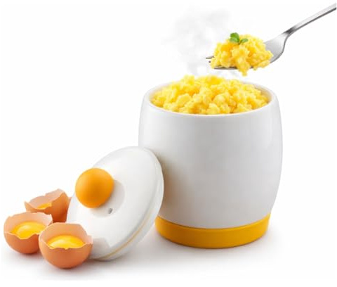 Ceramic Microwave Egg Cooker & Egg Maker, White, 4-Egg Capacity, Non-Stick Interior, Cool-Touch Lid, Fast Scrambled & Poached Eggs, 14 × 10 cm