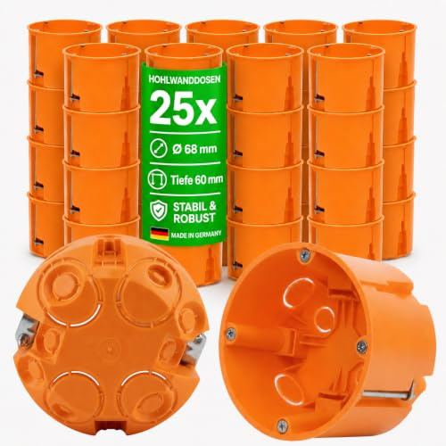Elektro Butler Scatola da incasso da parete cava, 68 mm, diametro 68 mm, profondità 60 mm, per cartongesso, scatola da incasso per interruttori e prese, colore arancione, 25 pezzi