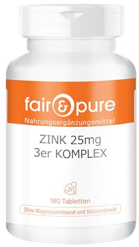 Fair & Pure Zink 25mg 3-komplex, 180 stycken, 25mg per tablett, lätt att svälja, veganskt kosttillskott utan tillsatser, tillverkat i Tyskland