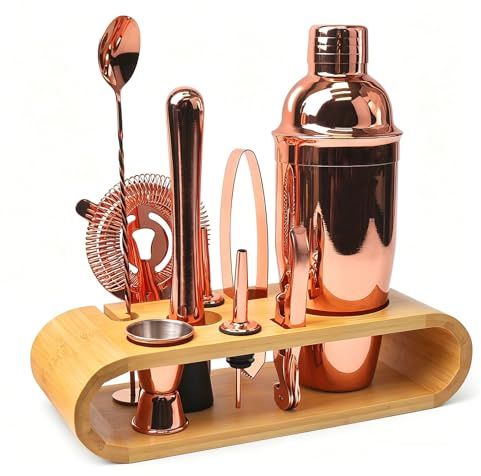 Cocktailshakerset i 10 delar rostfritt stål cocktailset med trästativ, receptbok, mätkopp, sked professionell shaker set en vacker presentförpackning ingår presentset för bar, hem