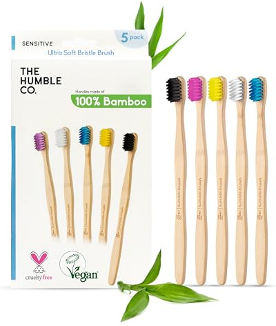 The Humble Co Bamboo Toothbrushes, 5 Pack - Ultra Soft Bristles Natural Bamboo Toothbrush - BPA Free Soft Bristles for Sensitive Gums - Non-Toxic & Plastic Free Handle - Dental Oral Care & Hygiene