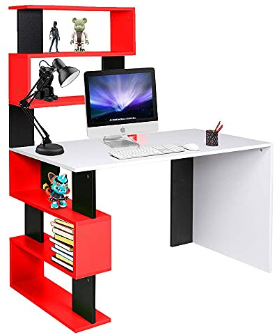 BAKAJI Scrivania con Doppia Libreria 7 Ripiani Tavolo da Lavoro Porta Pc Computer Struttura e Piano in Legno MDF Arredamento Casa Ufficio Cameretta Design Moderno 120 x 60 x 148 cm (Red)