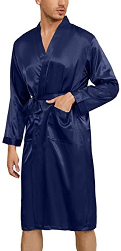 Irdcomps Herrmorgonrock i satin, kimono, morgonrock, lång morgonrock, lätt siden, nattkläder, pyjamas för män med bälte S–XXL