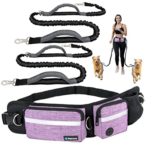 PetAmi Lot de 2 Laisse Mains Libres pour Chien, Sac de Ceinture pour la Marche, Le Jogging, Poche à Double Fermeture éclair avec Distributeur de Sacs à déjections, Double poignées rembourrées, Laisse