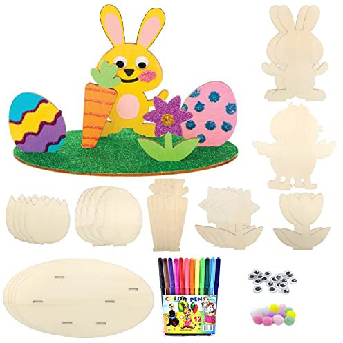 Qunkun Hasen aus Holz zum Bemalen, 22 Stück DIY Osterhase Deko, Ostern Basteln Holz, Osterhase Kinder Bastelsets, Osterhase Holzhuhn Holzeier mit 12 Stift+Selbstklebend Puppe Auge