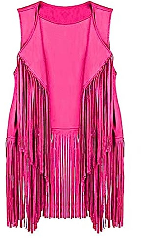 Yurosiay Chaleco de mujer en piel sintética con borlas, estilo étnico, vintage, sin mangas, largo, para motociclista, rojo, S, Rosa., L