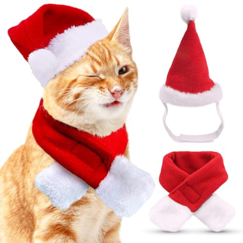 Deguisement de Noël pour Chien Chat, Accessoire Tenue Costume de Noel Bonnet de Père Noël et Écharpe pour Animal de Compagnie, Rouge Vêtements Collier Cadeau Décoration Noel pour Petits Chiens Chats