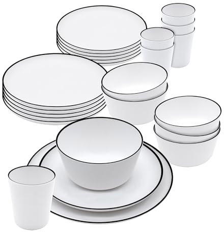 Spetebo Melamin Campinggeschirr Service weiß - 24-teilig - Geschirr Set aus Teller Müslischale und Becher - Camping Geschirr für 4 Personen Campingzubehör spülmaschinengeeignet bruchsicher
