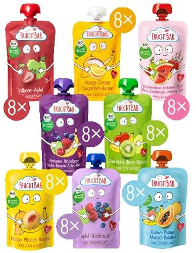 FruchtBar Bio Quetschie Sommer Set - 64x 100g Fruchtpüree im Quetschbeutel für Babys & Kinder ab 6 Monaten - Ohne Zucker, 100% Bio-Früchte