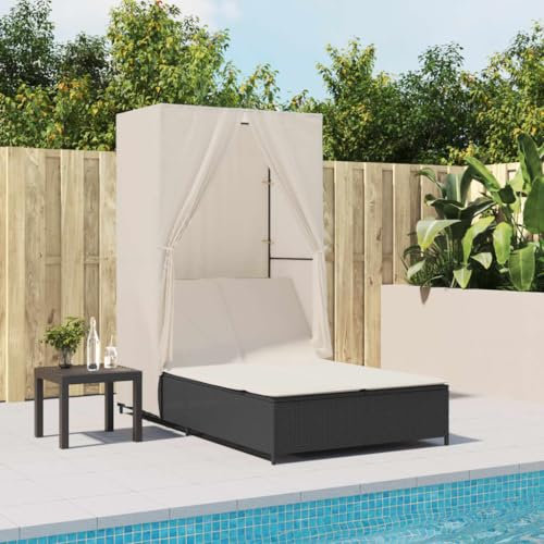 LAPOOH Doppel-Sonnenliege mit Dach und Vorhängen Schwarz Poly-Rattan, Gartenliege, Liegestuhl, Sonnenstuhl, Sonneninsel Outdoor, Liegen, Gartenmöbel, Bäderliege, Relaxliege - 368099