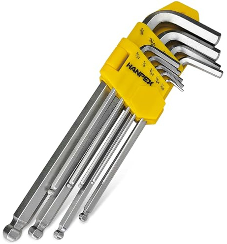Hanpex Long Arm Hex Key Allen Wrench Set with Ball End, Ball-End Hex Allen Key, Allen Wrench Set Chrome Vanadium Steel(Cr-V), Tamperproof TORX L- Key Set (9Pc Imperial)