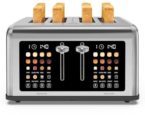 4 Slice Toaster Touch Screen, Stainless Steel Toasters Digital Timer, Dual Control Panel Toasters, 8 Shade Settings 6 Bread Types for Bagel, Cancel, Defrost 1650W