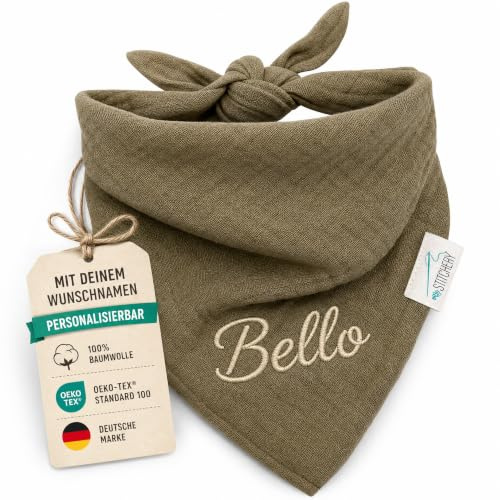 Bandana pour chien avec nom brodé - Certifié Oeko-TEX® Standard 100 - Personnalisable - Cadeau pour les amoureux des chiens - Kaki