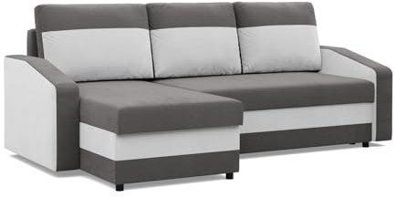Mebligo - Ecksofa mit Schlaffunktion und Bettkasten Orion, Eckcouch Universelle Seite, Sofa L Form (BxTxH) 231 x 140 x 85 cm, Couch Wohnzimmer, Ecke Sofa, Grau + Weiß (Mikro 27 + Mikro 31)
