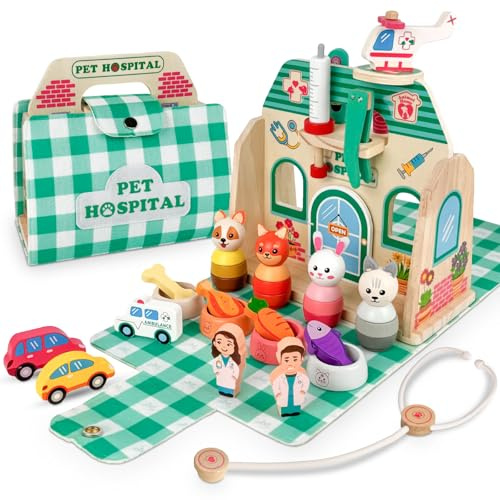 Bibykivn Maletin Medicos Juguete, Maletín Veterinaria Juguetes con Estetoscopio, Juguete Educativo de Madera Adecuado Juego de Roles Juguetes niñas y niños 3 años