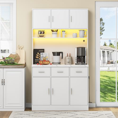 LAKFEW Alacena de Cocina con Enchufe y Iluminación LED, Armario Cocina con 6 Puertas y 3 Cajones, Alacena Cocina con Estantes Ajustables y Dispositivo Antivuelco, 100x40x180 cm, Blanco