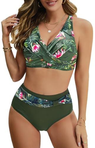 Nadeer Femme Maillots de Bain Deux pièces Taille Haute Élégant Col V Bikini Set Chic Vintage Push Up Ensemble