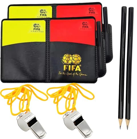 2 Large Referee Cards With Leather Cases, 2 Pencils And 2 Whistles With Lanyards, Red And Yellow Football Referee Cards, Complete Referee Kit For Sports Matches And Training