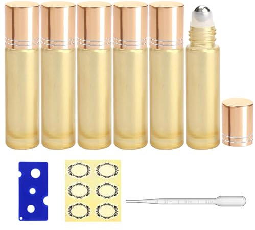 Alledomain 6 st, 10 ml rullflaskor för eteriska oljor tomma pärlglasrullar på flaskor med metallrullbollar, guldlock och flasköppnare, perfekt för aromaterapi, eteriska oljor, doft (gyllene)