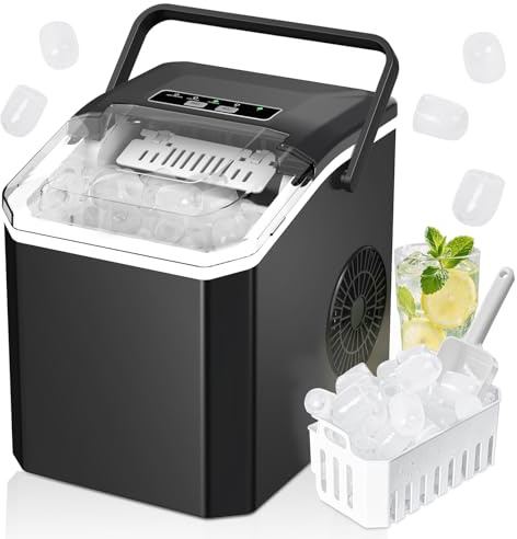 Macchina Ghiaccio,9 Cubetti in 8 Minuti,2 Dimensioni di Ghiaccio,14kg/24h,Macchina Ghiaccio Casa Ice Maker Autopulente con Maniglia/Paletta per Casa/Festa/Cucina/Bar (Nero)