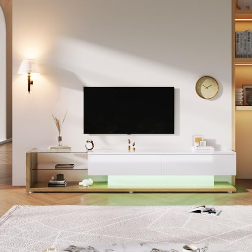 Mueble De TV Con Tablero De Partículas, Con Almacenamiento Y Iluminación LED Ajustable, Mueble TV Bajo Moderno, Aparador Para Televisor, Adecuado Para Salón Y Sala De Estar, Blanco, 170 x 36 x 38 cm