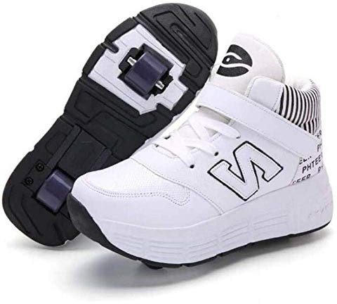 NNN Sportschuhe Skateboard Outdoor Gymnastik Turnschuhe Jungen Mädchen Freizeitschuh Schuhe Mit Rollen Drucktaste Einstellbare Skateboardschuhe Für Kinder Mädchen Junge Erwachsene,White2-34…