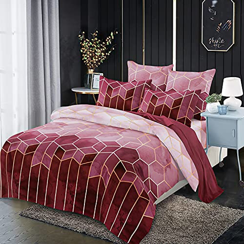 Xiongfeng Mitchell Bettwäsche 200x200cm Rot Kariert Marmor Wendebettwäsche Geometrisch Microfaser Vintage Doppelbett Bettbezug mit Reißverschluss und 2 Kissenbezug 80x80cm