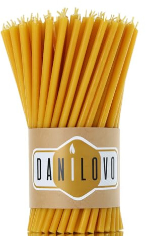Danilovo - Candele in Cera d'Api, 50 Pezzi, Colore Giallo, Candele Decorative per Preghiera, per Rituali, Decorazione o Candele di Compleanno, 16,5 cm x 0,57 cm