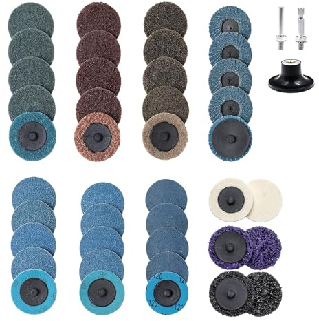 44 stycken rullspärr 2-tums slipskiva-set, snabbväxlingsskiva med 1/4-tums hållare för rak slipskiva ytremsor slipning polish grack lackborttagning