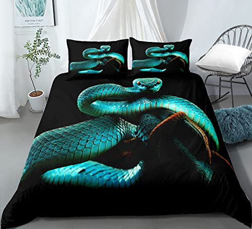 LSYW Double Duvet Set Cyan Snake Double Bed Duvet Cover Set for Children Aldult with Zipper Closure Breathable Hypoallergenic Microfiber Quilt Cover 78.7x 78.7 + 2 Pillowcases 19.7x 29.5