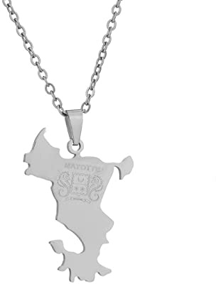 Stylish-Art Mayotte Island Map Pendentif Colliers - Motif Ethnique Drapeau Région Mayotte Island Maps Clavicule Chaîne Colliers Charme Hip Hop Bijoux Tendance pour Femme Homme,Argent,50 cm