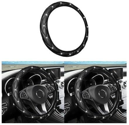 JNNJ Coprivolante Auto, Bling Copri Volante in Morbida Pelle, Bling Strass Copri Volante Universale 37-38 cm, Copristerzo Auto Traspirante Antiscivolo Interni Accessori per Donne Ragazze(Nero)