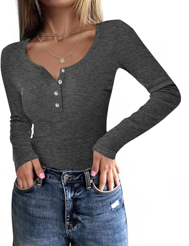 Fessceruna Maglia a Maniche Lunghe da Donna con Scollo Rotondo Slim Fit Maglia a Maniche Lunghe Basic Top a Costine con Bottoni, Grigio Scuro, S