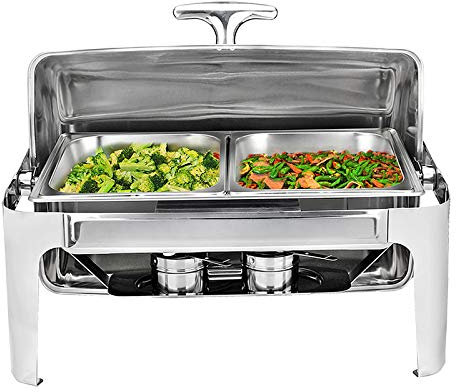 9L Chafing Disk Buffet Set - Rostfritt Stål Roll-Top Chafer Värmare Med Insatser, Matpanna, Vattenpanna Och Bränslehållare, Håller Maten Varm I Alla Evenemang