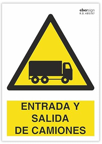 EBER SIGN - Señal de Advertencia Entrada y Salida de Camiones | Formato A3 | Cartel de Seguridad en PVC 0,7 mm | Señalización Industrial y Vial | Fondo Amarillo con Pictograma Negro