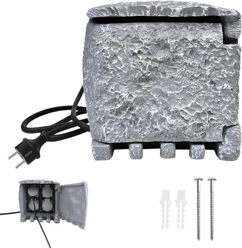 NAIZY Gartensteckdose Stein-Optik Aussensteckdose Wasserdicht IP44 Außensteckdose mit 4 Schutzkontakt Steckdose Außen inkl. 3 m Verlängerung Mehrfachsteckdose Garten Outdoor Steckdosen