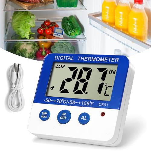 Thermomètre numérique pour congélateur/réfrigérateur avec support magnétique et support pour réfrigérateur avec indicateur d'alarme LED, fonction de mémoire max/min, affichage précis de la température