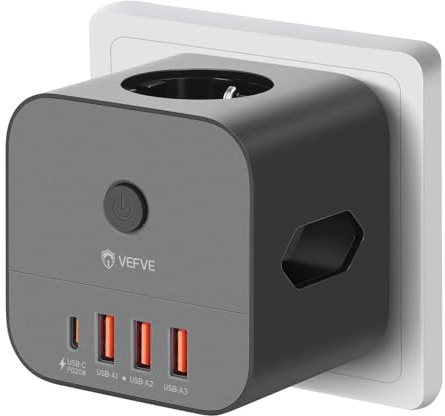 VEFVE uttagskub utan kabel, flervägsuttag med 20 W USB-C – Svart | Uttagsadapter för DE/NL/ES. Säkert grenuttag (3680W) med 3 uttag, 4 USB, barnsäkring och omkopplare