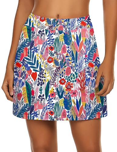 Ekouaer Golf Skorts for Woman Lightweight Athletic Skirt A Line Running Workout Active Skort Skirts with Shorts, Colorful Leaf Print XL