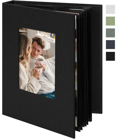 Remowith 6x4 Photo Album Slip in 24 Pockets, Linen Fabric Cover Photo Book with Customisable Cover Window, Acid-Free Slip-in Pockets for Family, Travel, Baby & Memory Storage,Black