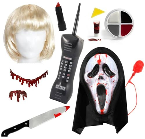 Adults Screamer & Victim Couples Costume Set – Bleeding Mask, Blonde Wig, Knife, Fake Blood, Phone & Makeup – Halloween Horror Fancy Dress Kit