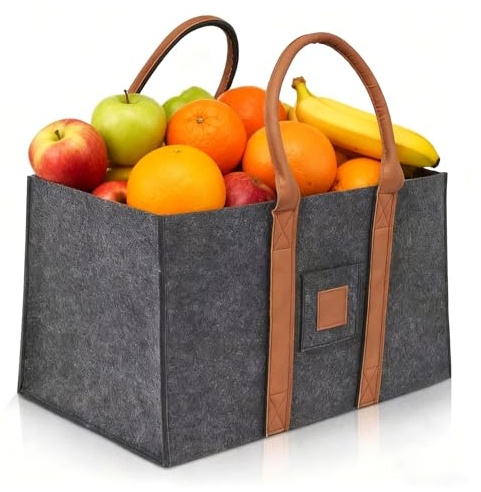 Borsa Portalegna In Feltro – Fel-ro 50x30x31cm | Cestino In Feltro Con Manici In Legno | Borsa Da Trasporto Per Legna Da, Stufa, Campeggio O Spiaggia